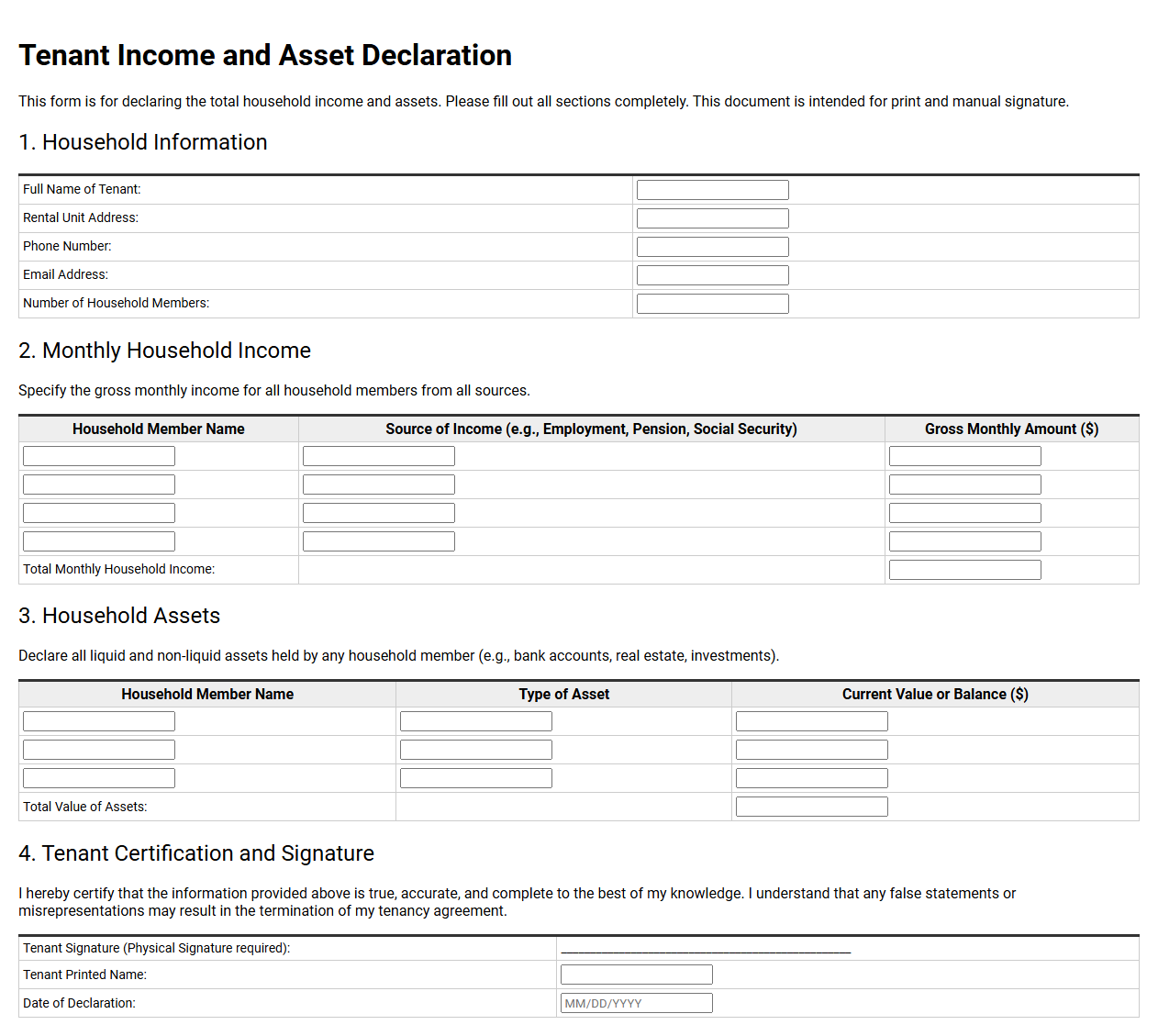 Tenant Income and Asset Declaration Template