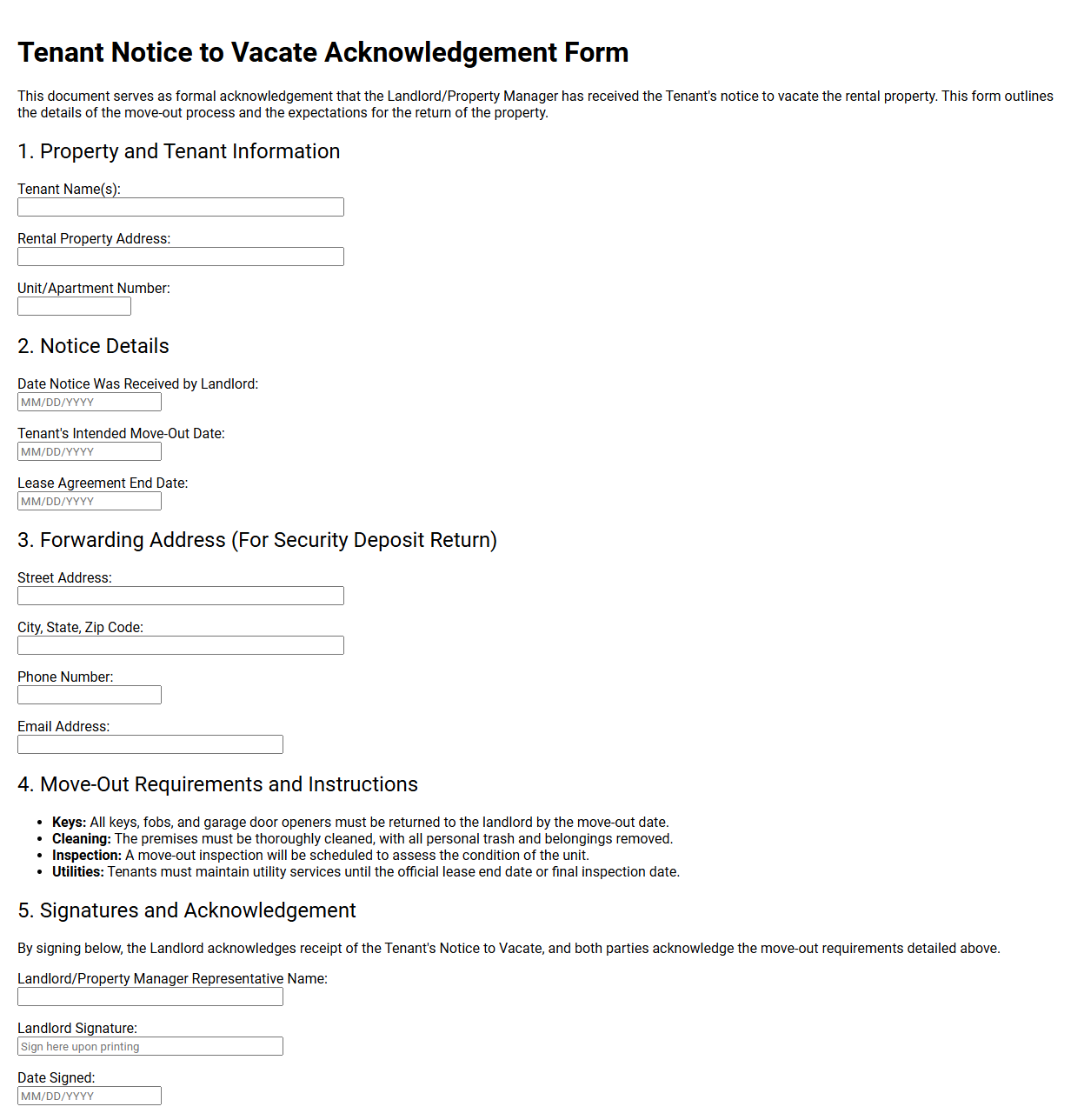 Tenant Notice to Vacate Acknowledgement Form
