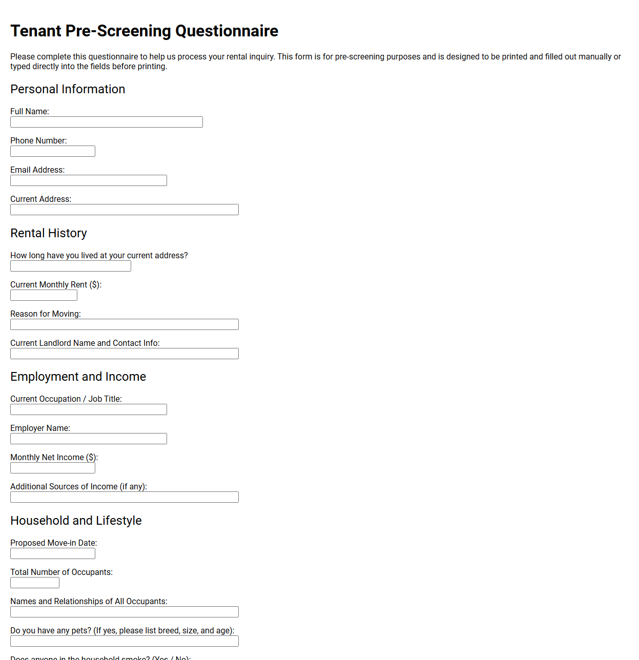 Tenant Pre-Screening Questionnaire