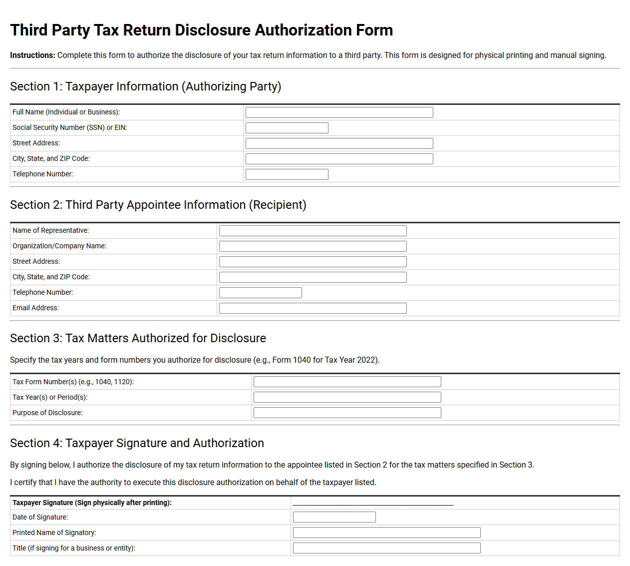Third Party Tax Return Disclosure Authorization Form