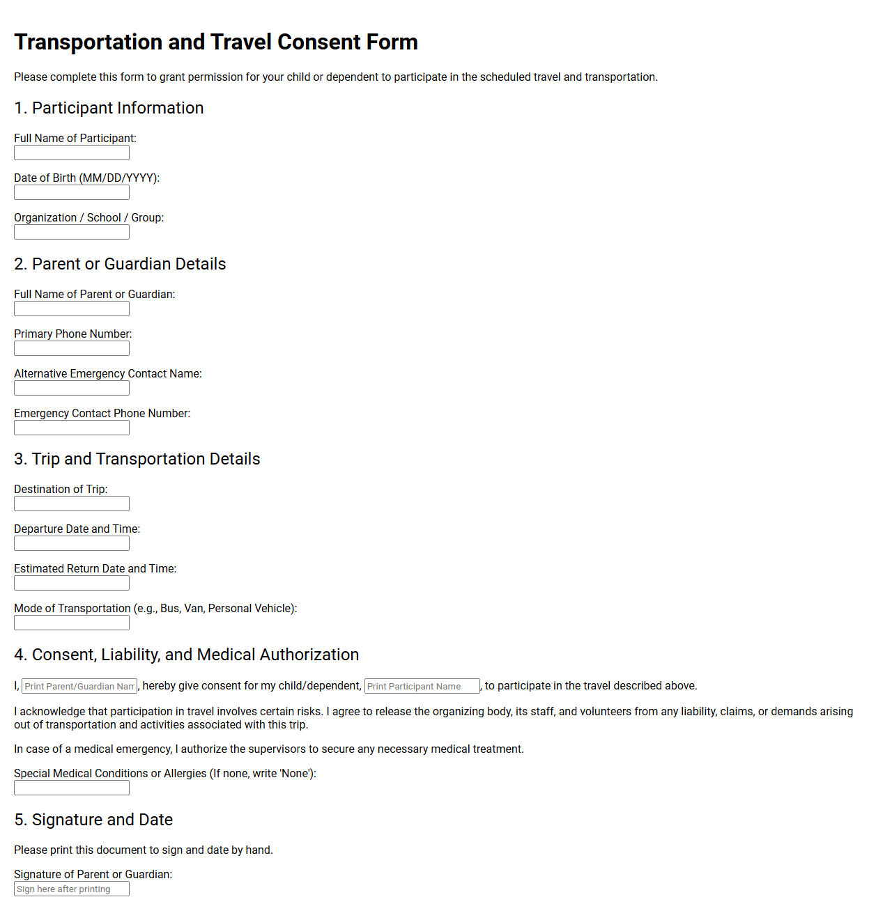 Transportation and Travel Consent Form