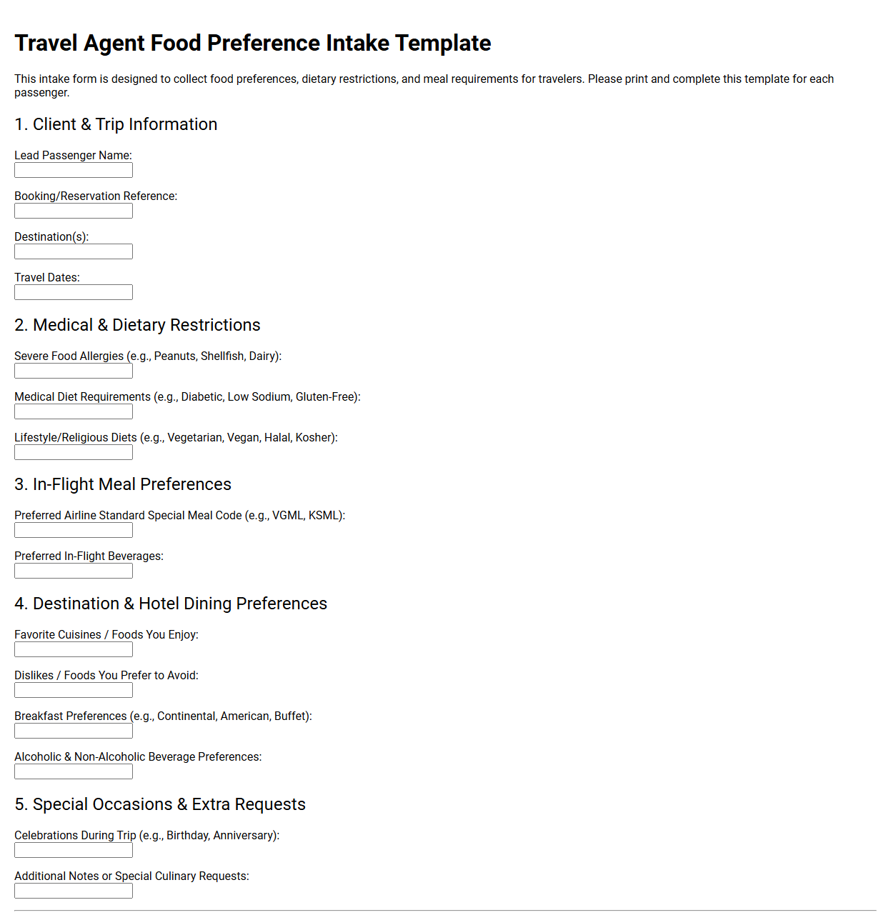 Travel Agent Food Preference Intake Template