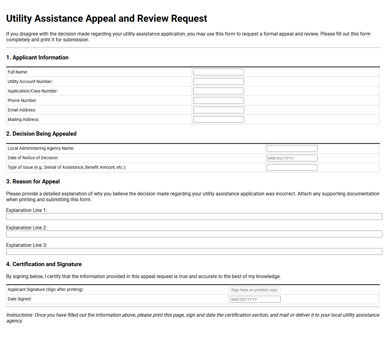 Utility Assistance Appeal and Review Request