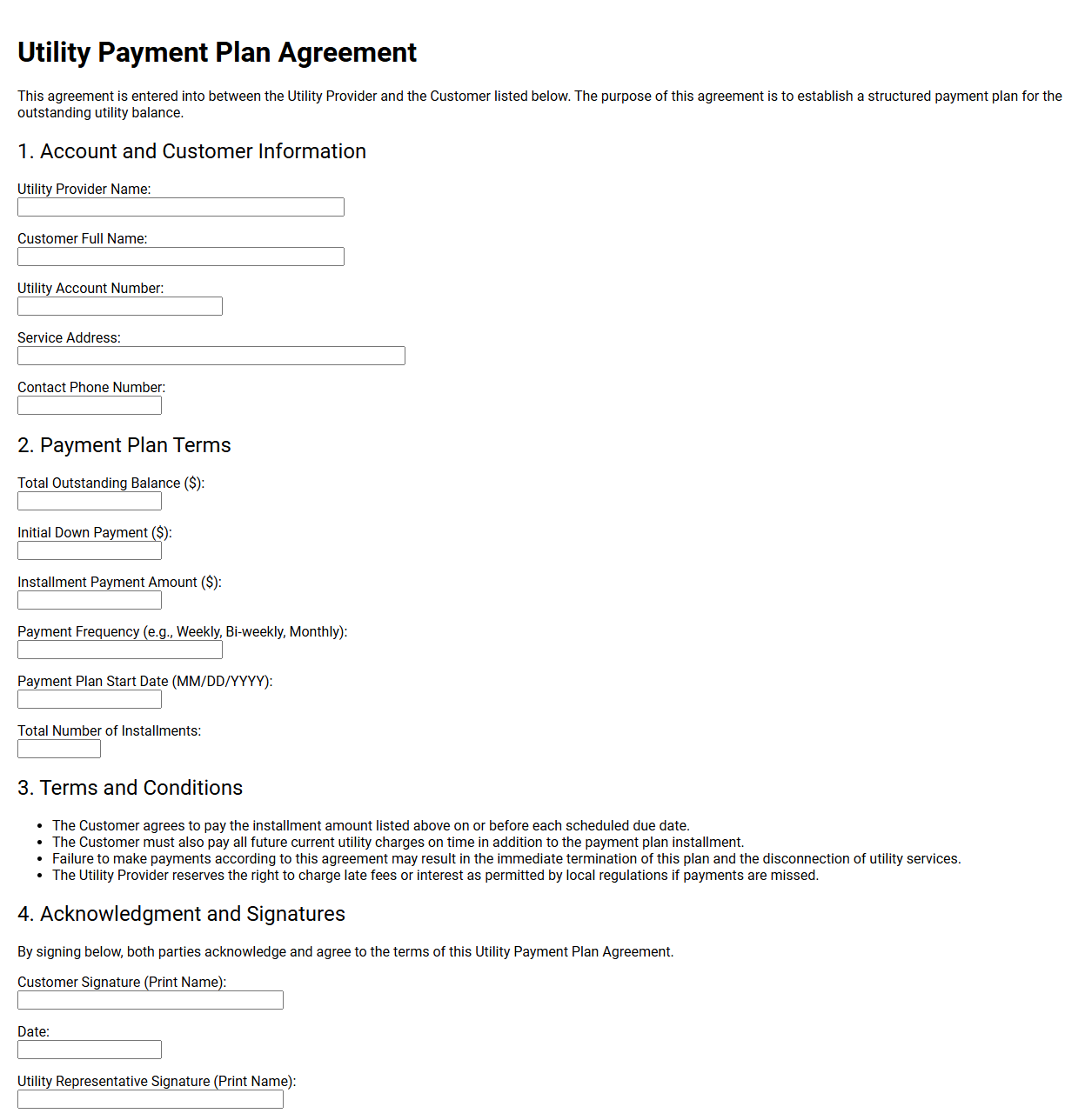 Utility Payment Plan Agreement Template