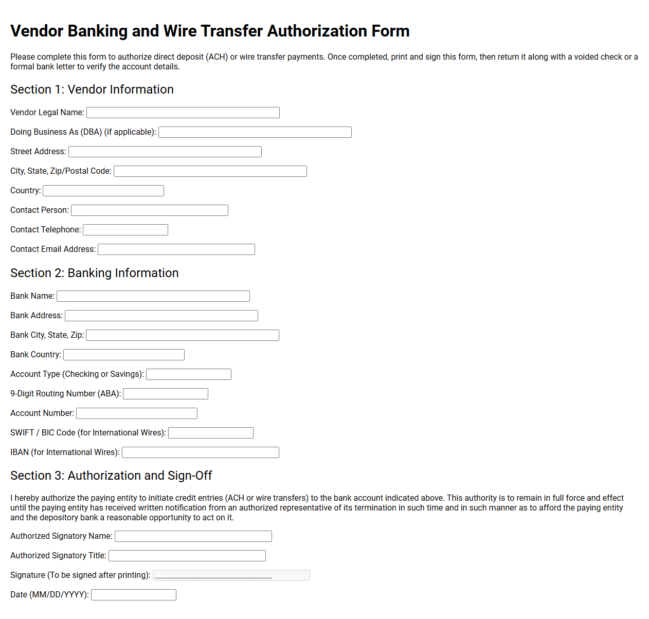Vendor Banking and Wire Transfer Authorization Form