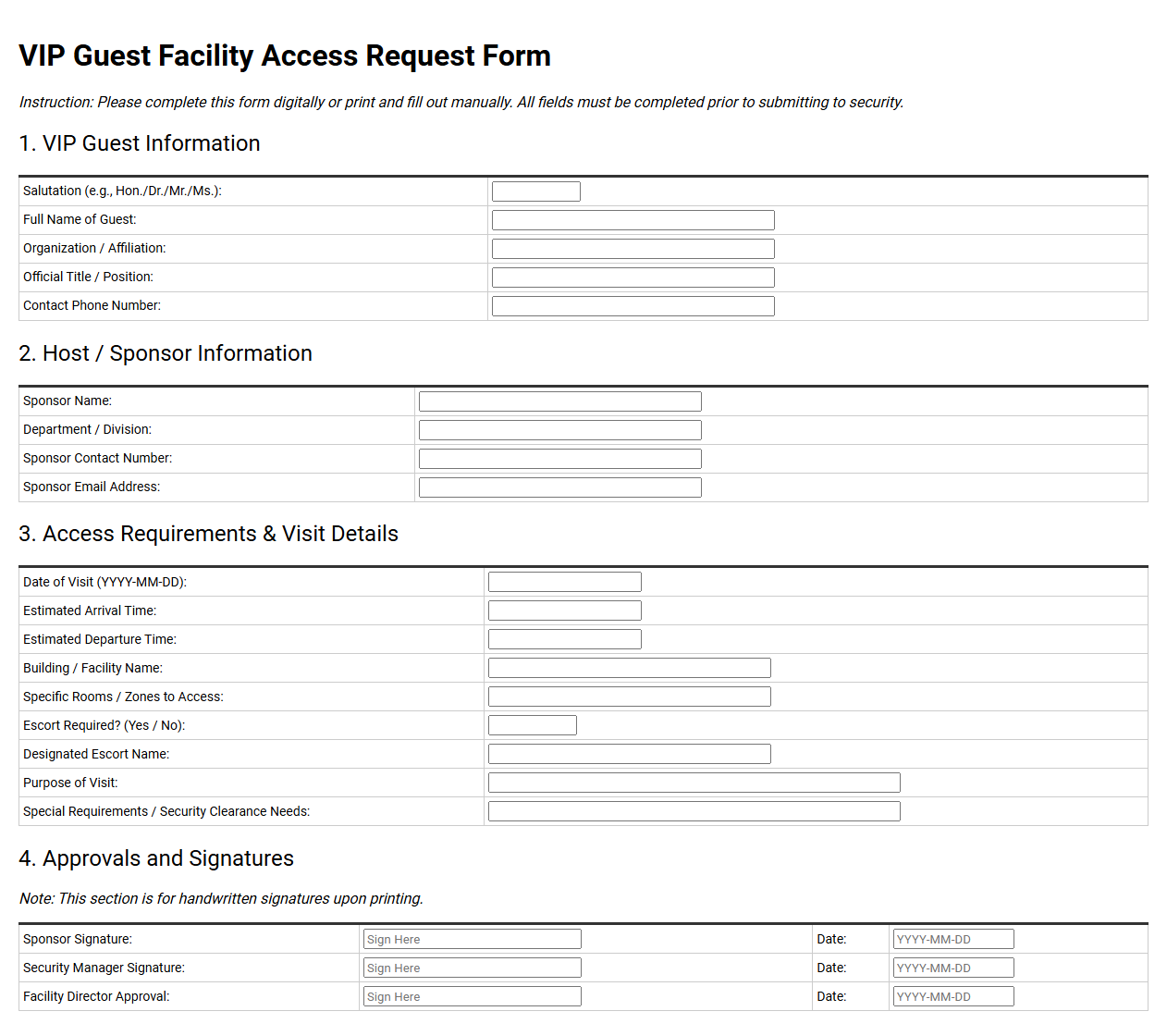 VIP Guest Facility Access Request Form