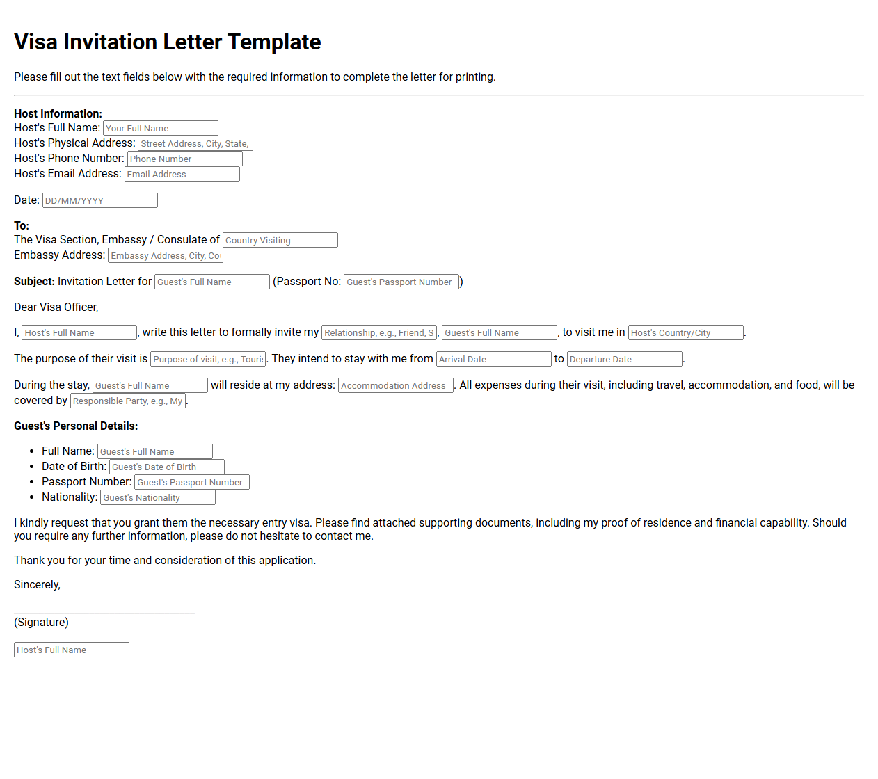 Visa Invitation Letter Template
