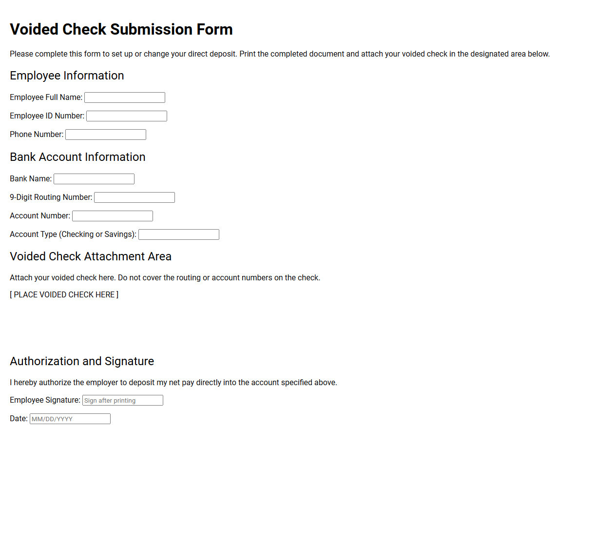Voided Check Submission for Direct Deposit