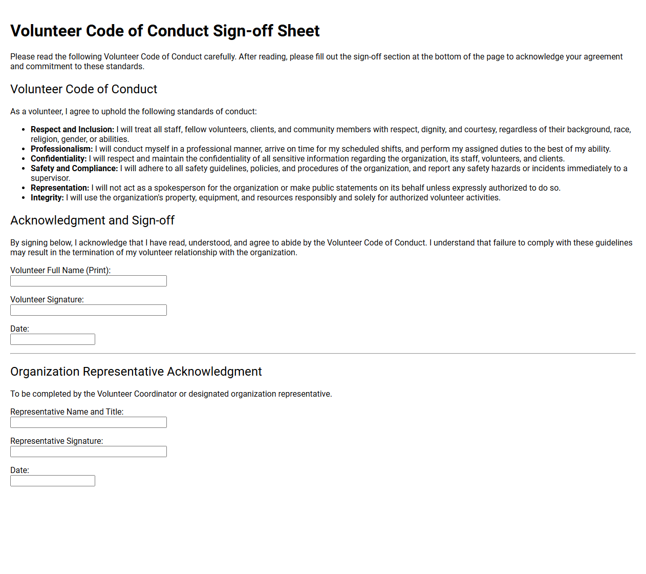 Volunteer Code of Conduct Sign-off Sheet