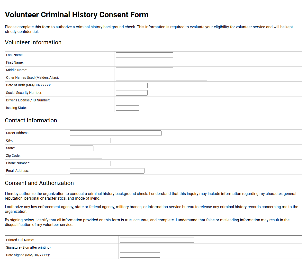 Volunteer Criminal History Consent Form