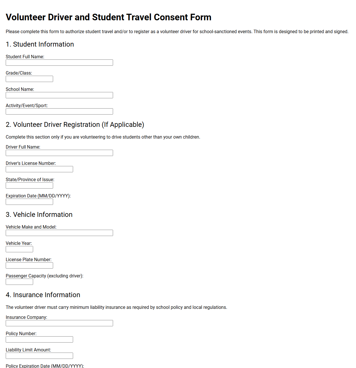 Volunteer Driver and Student Travel Consent Form