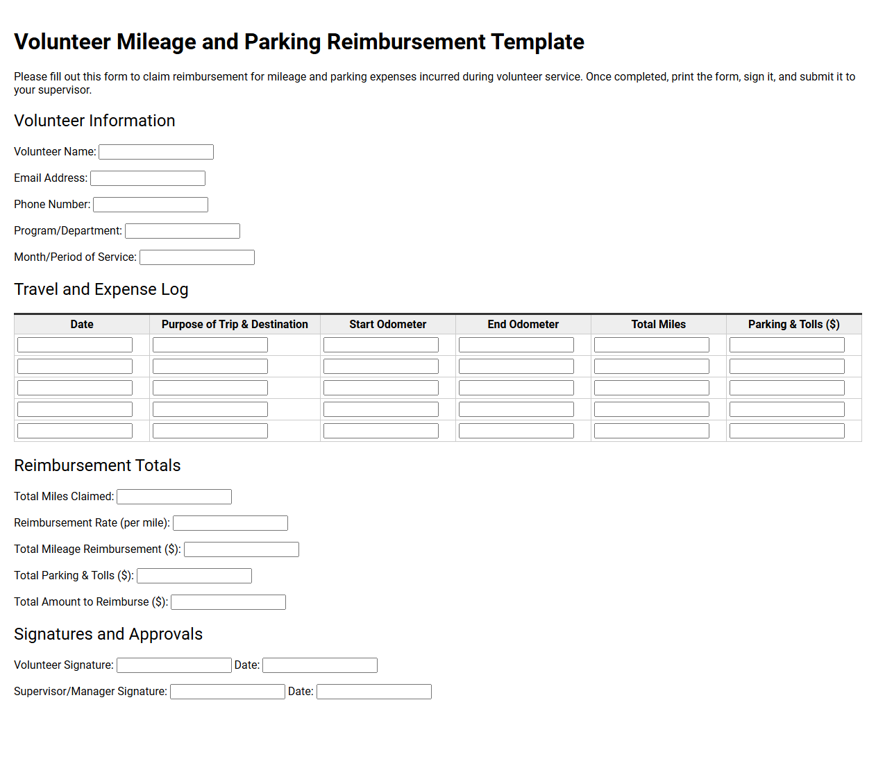 Volunteer Mileage and Parking Reimbursement Template