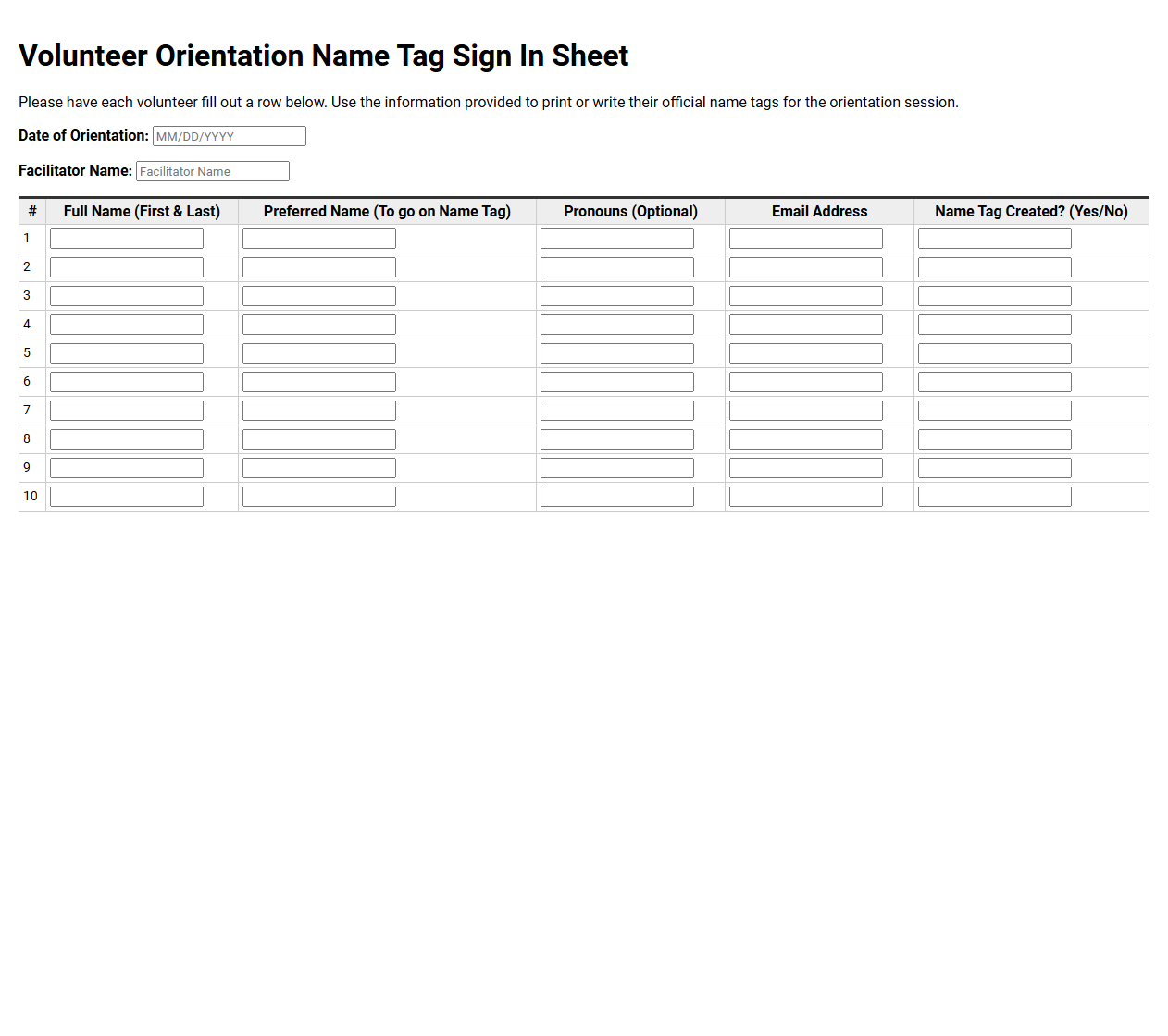 Volunteer Orientation Name Tag Sign In Sheet