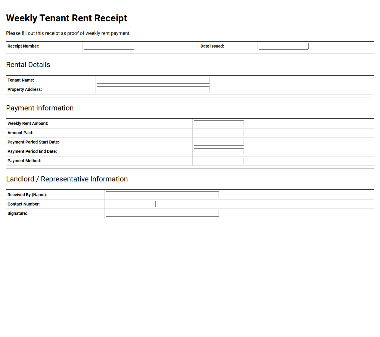 Weekly Tenant Rent Receipt Template
