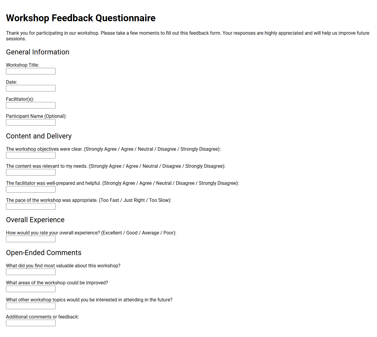 Workshop Feedback Questionnaire