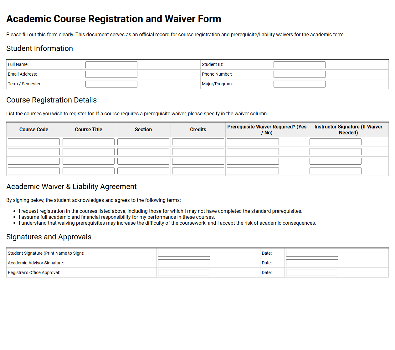 Academic Course Registration and Waiver Form