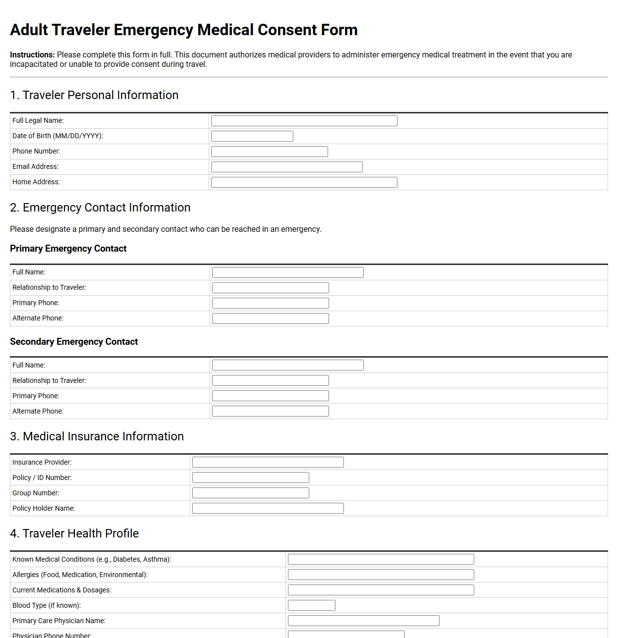 Adult Traveler Emergency Medical Consent Form
