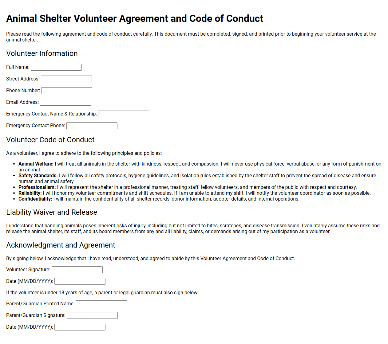 Animal Shelter Volunteer Agreement and Code of Conduct