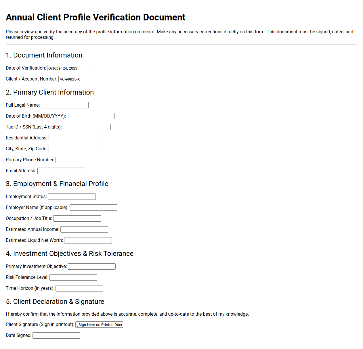 Annual Client Profile Verification Document