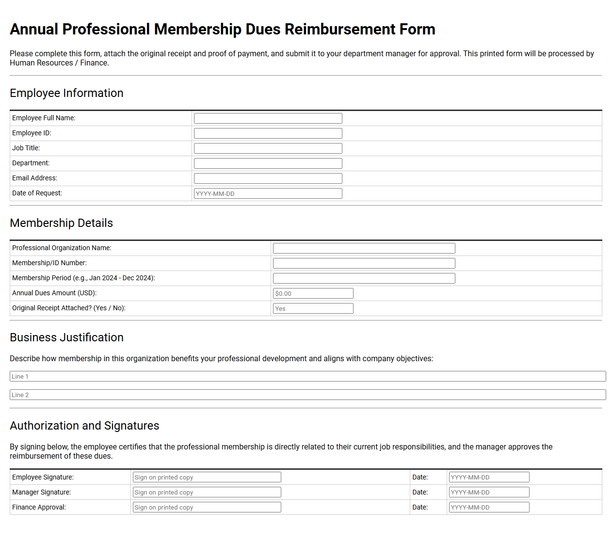 Annual Professional Membership Dues Reimbursement Form