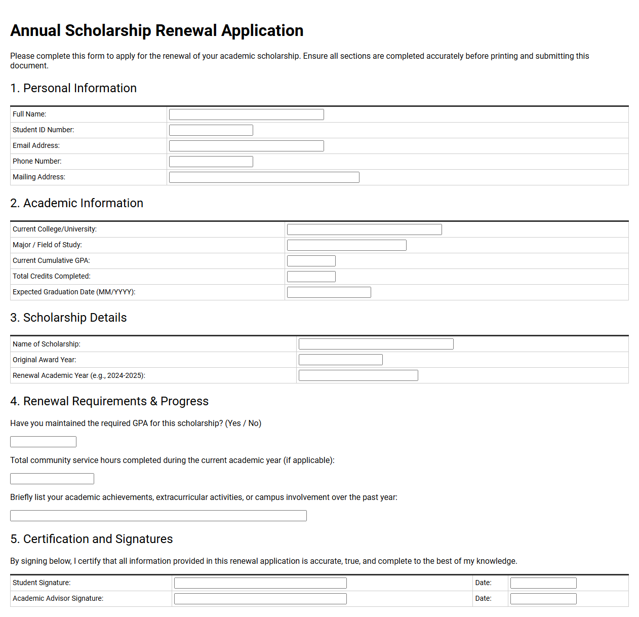 Annual Scholarship Renewal Application Template