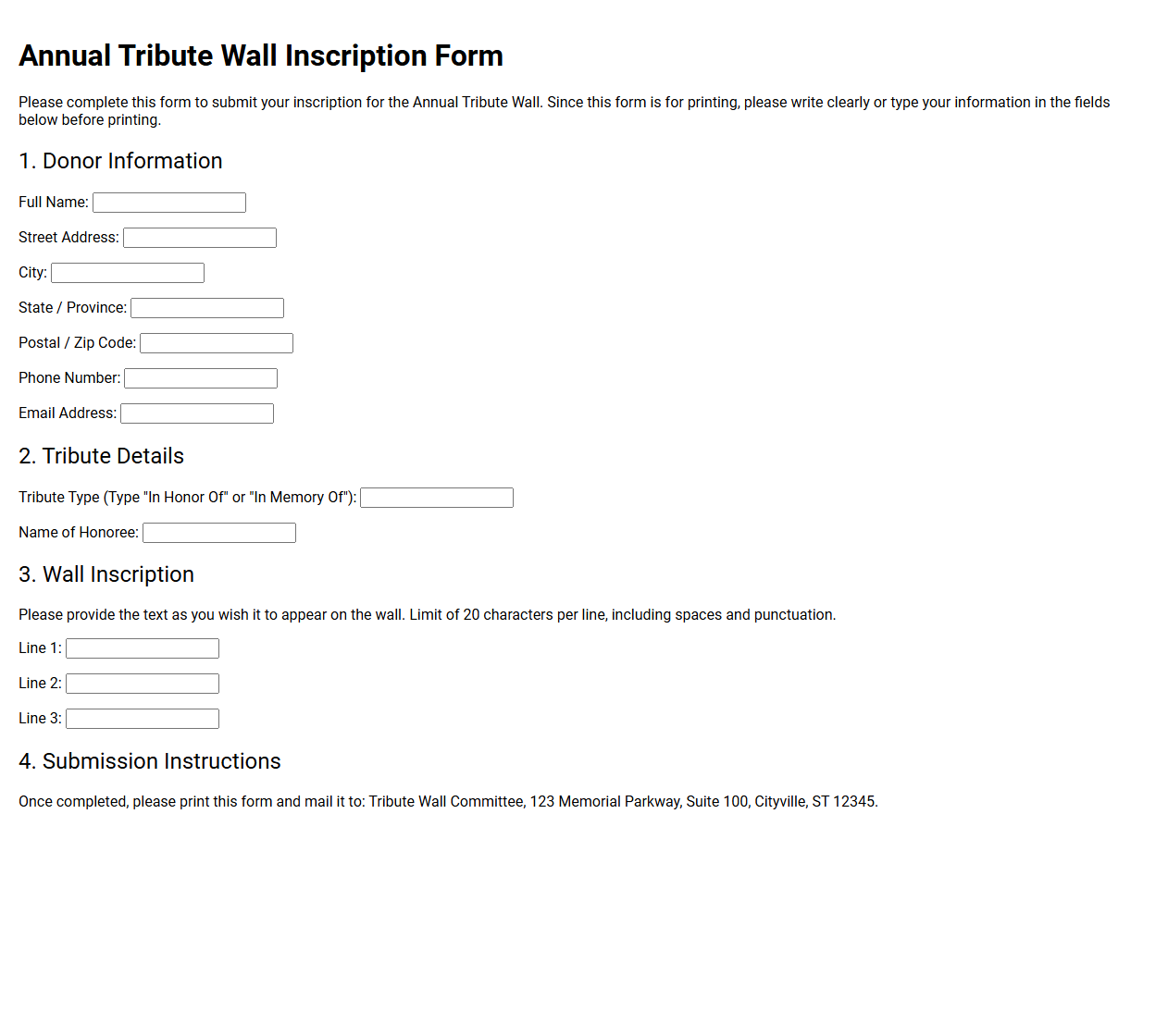 Annual Tribute Wall Inscription Form