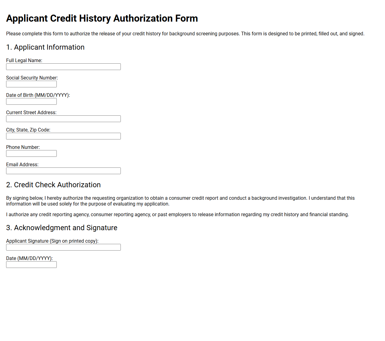 Applicant Credit History Authorization Form