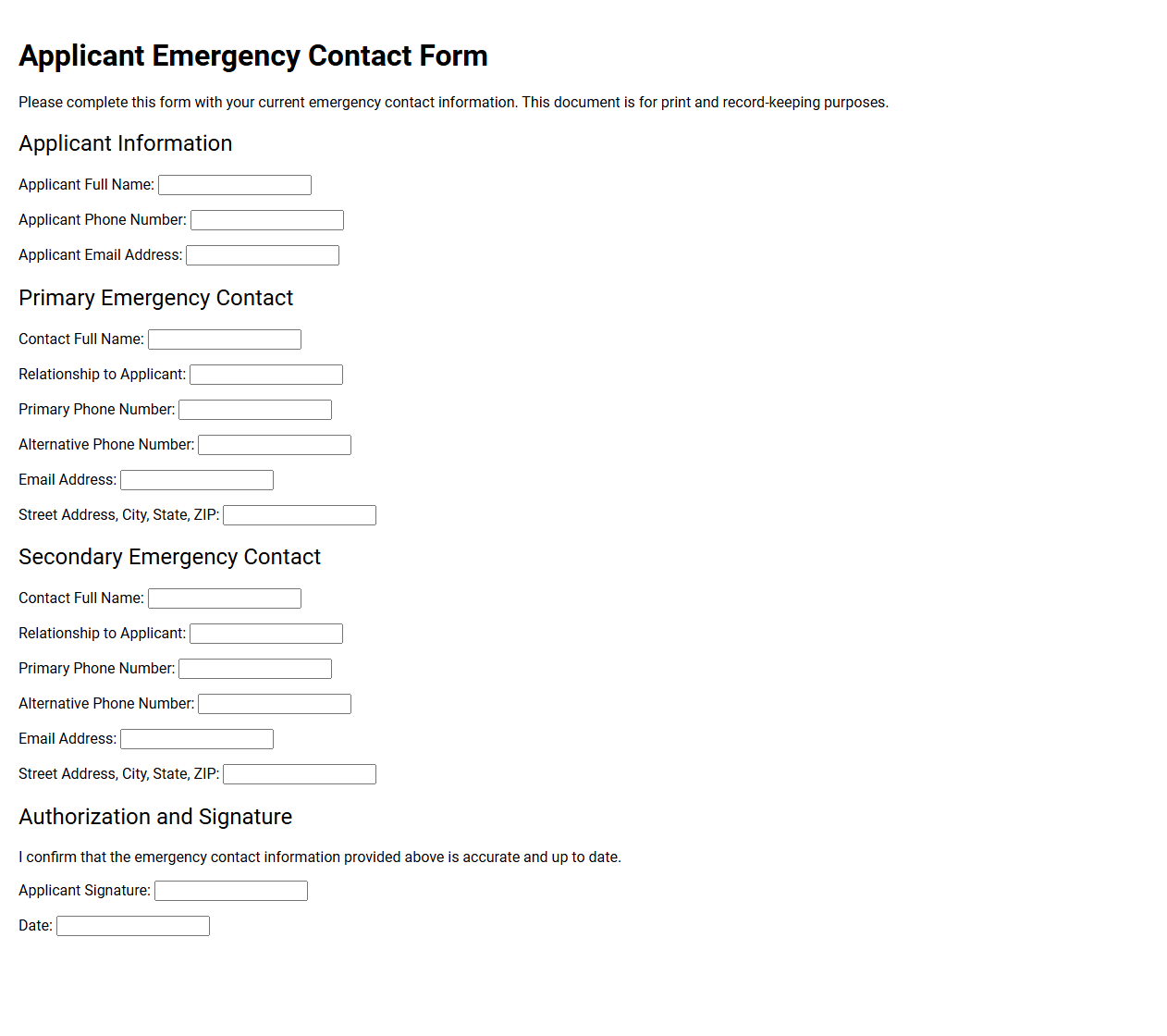 Applicant Emergency Contact Form