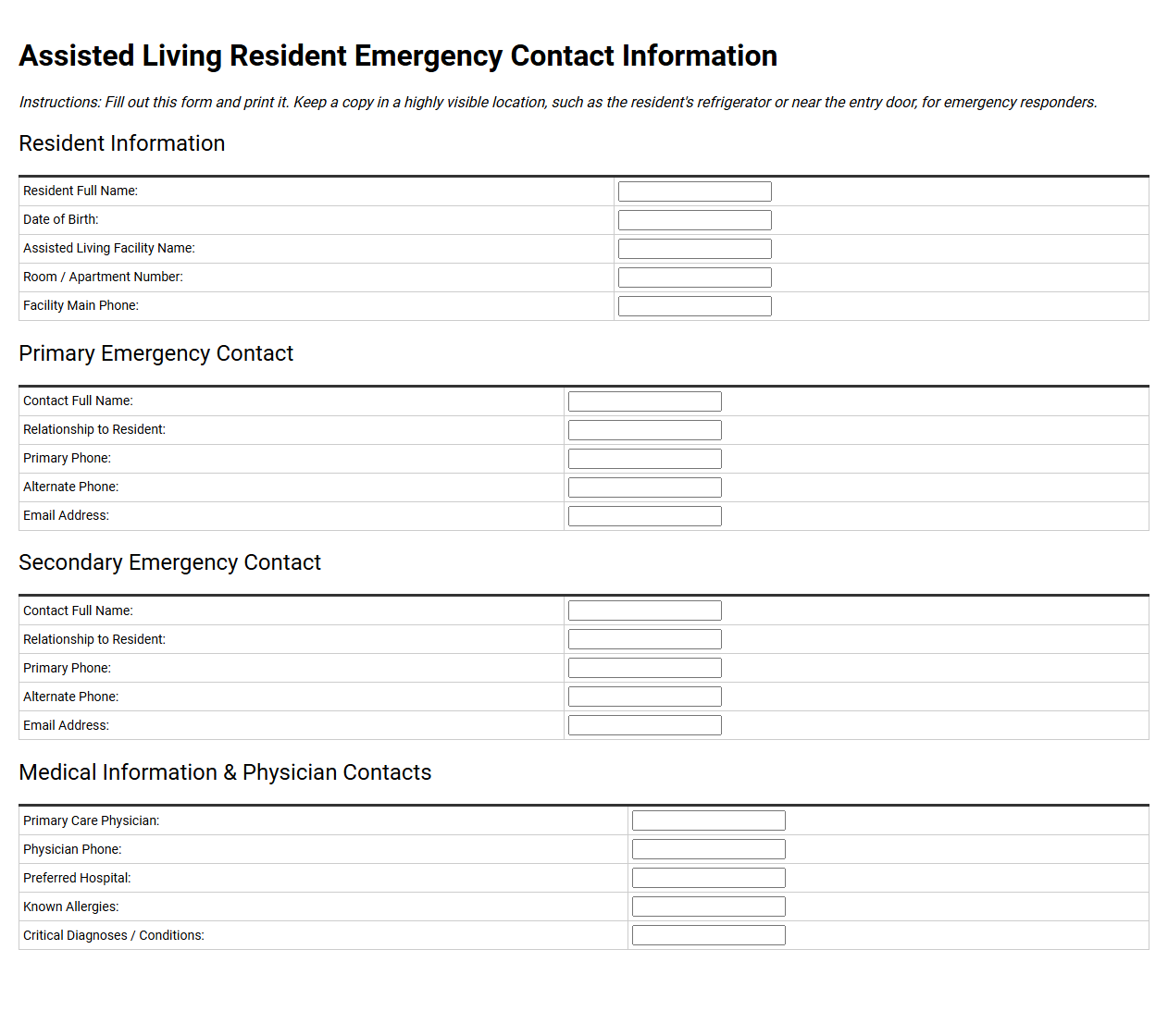 Assisted Living Resident Emergency Contact Information