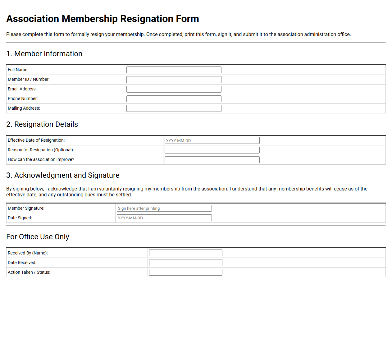 Association Membership Resignation Form Template