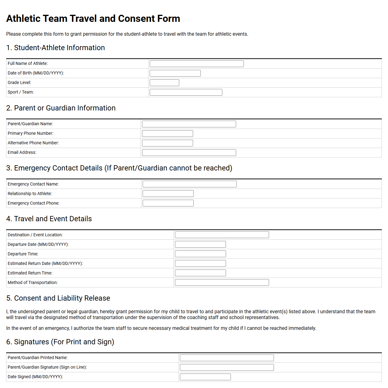 Athletic Team Travel and Consent Template