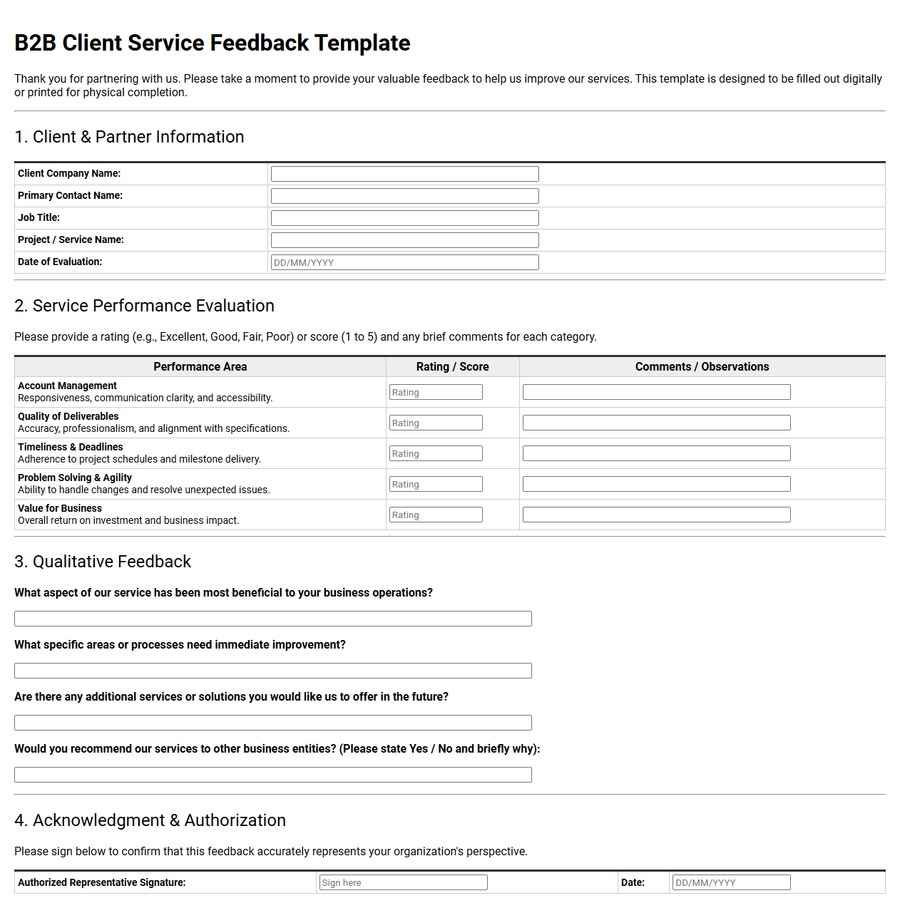B2B Client Service Feedback Template