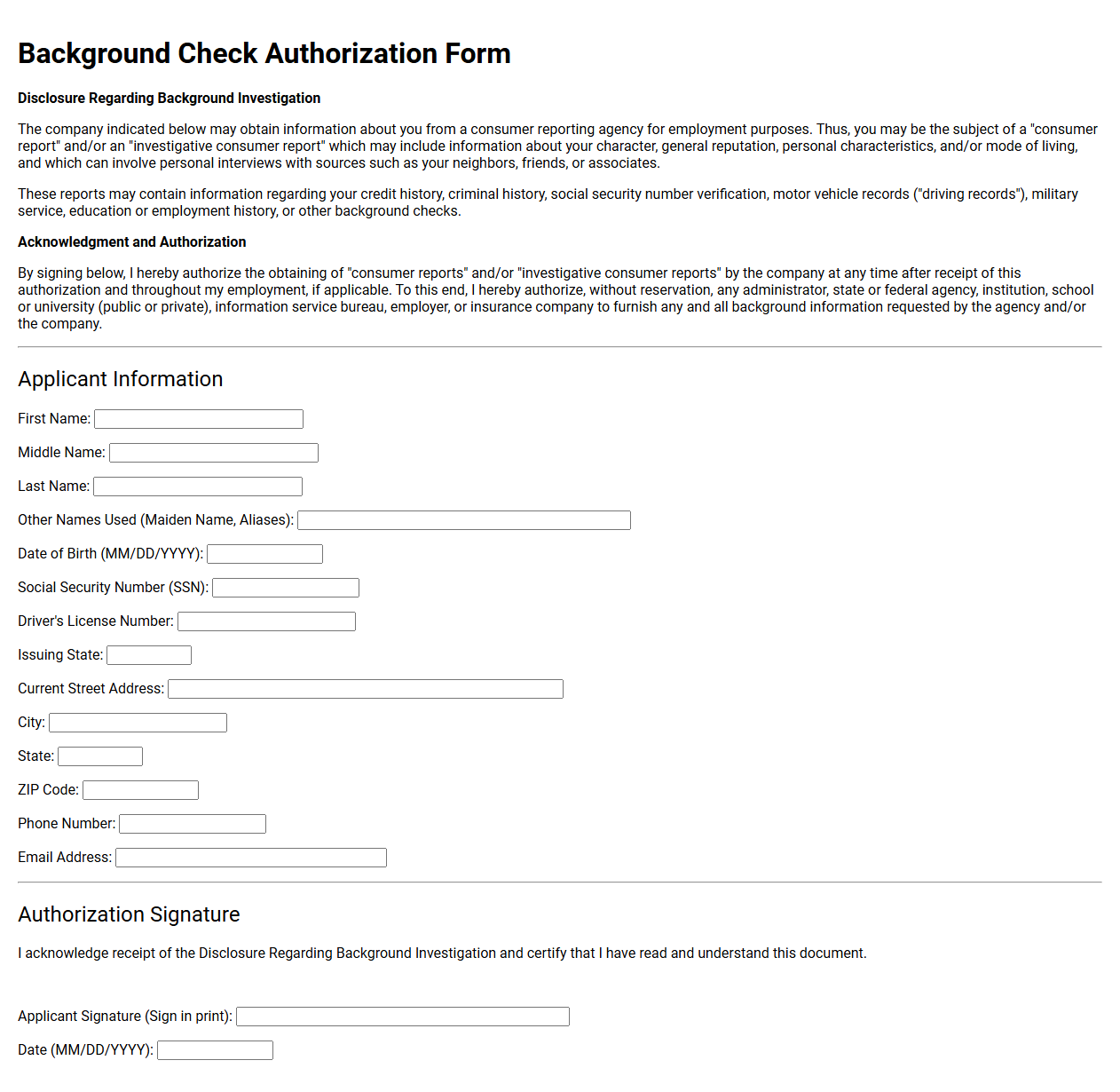Background Check Authorization Form