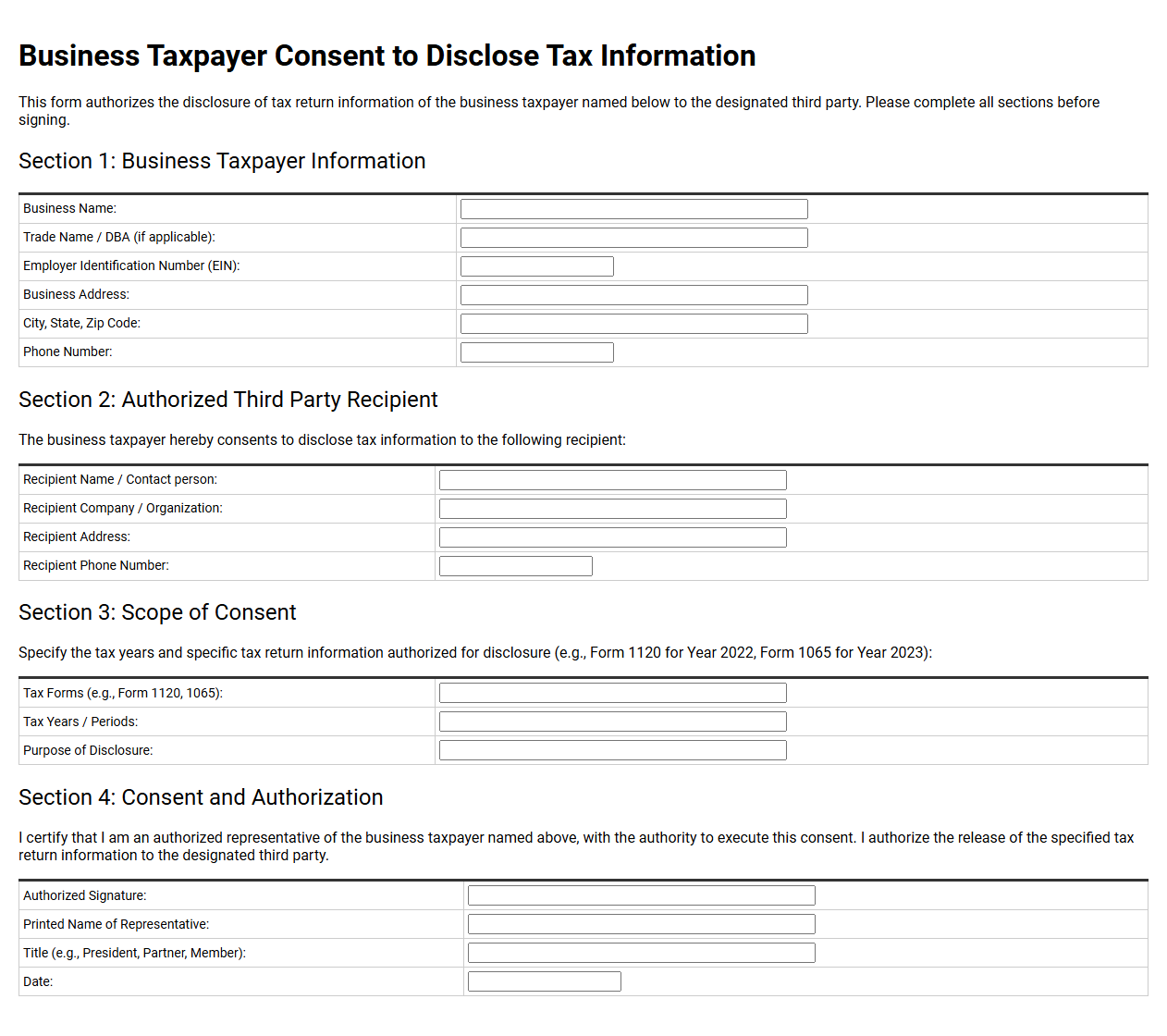 Business Taxpayer Consent to Disclose Form Template
