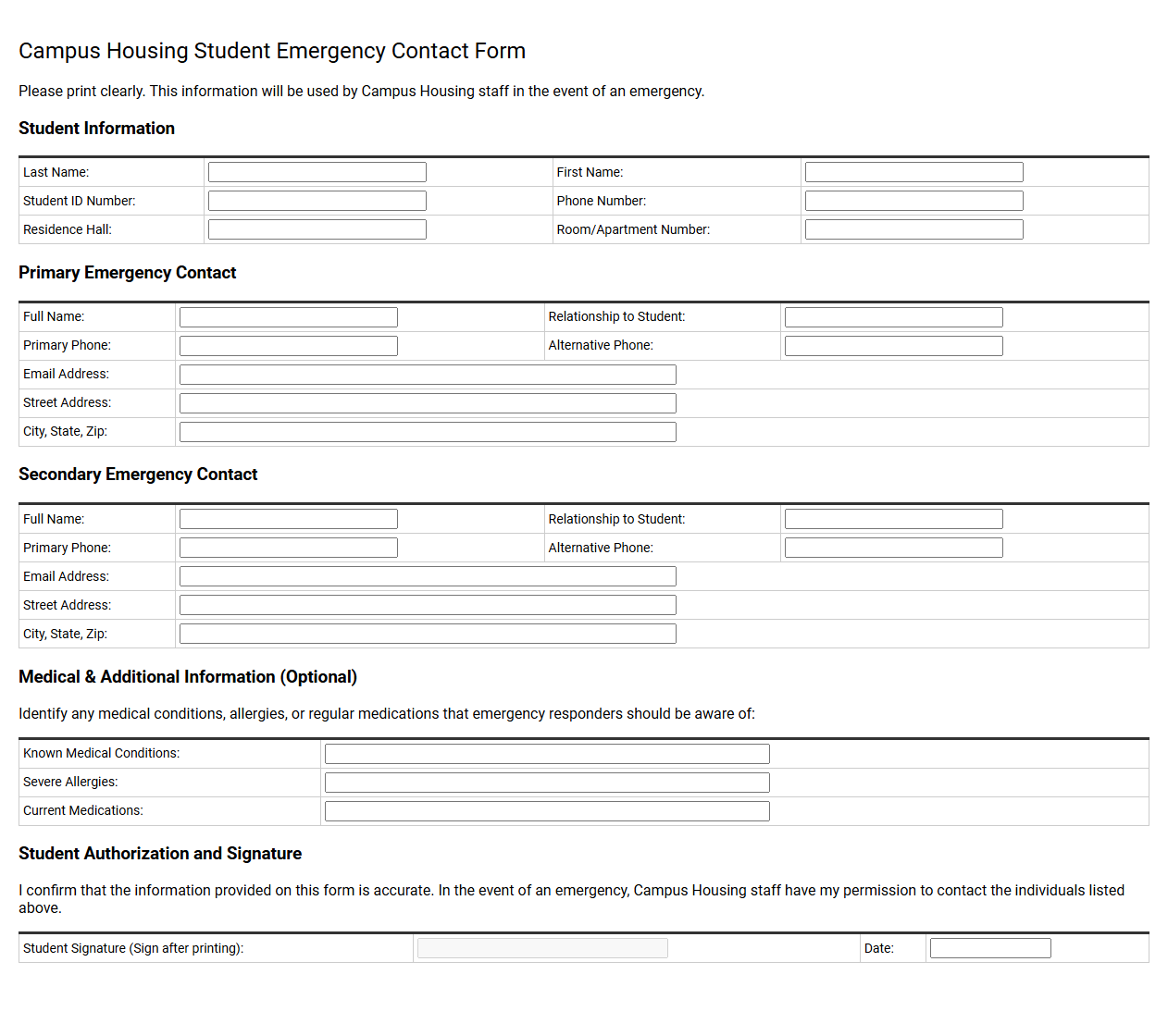Campus Housing Student Emergency Contact Form