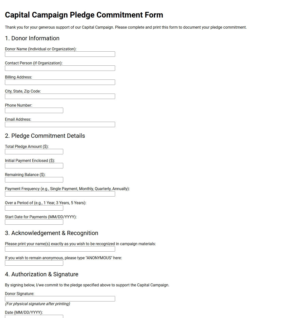 Capital Campaign Pledge Commitment Form