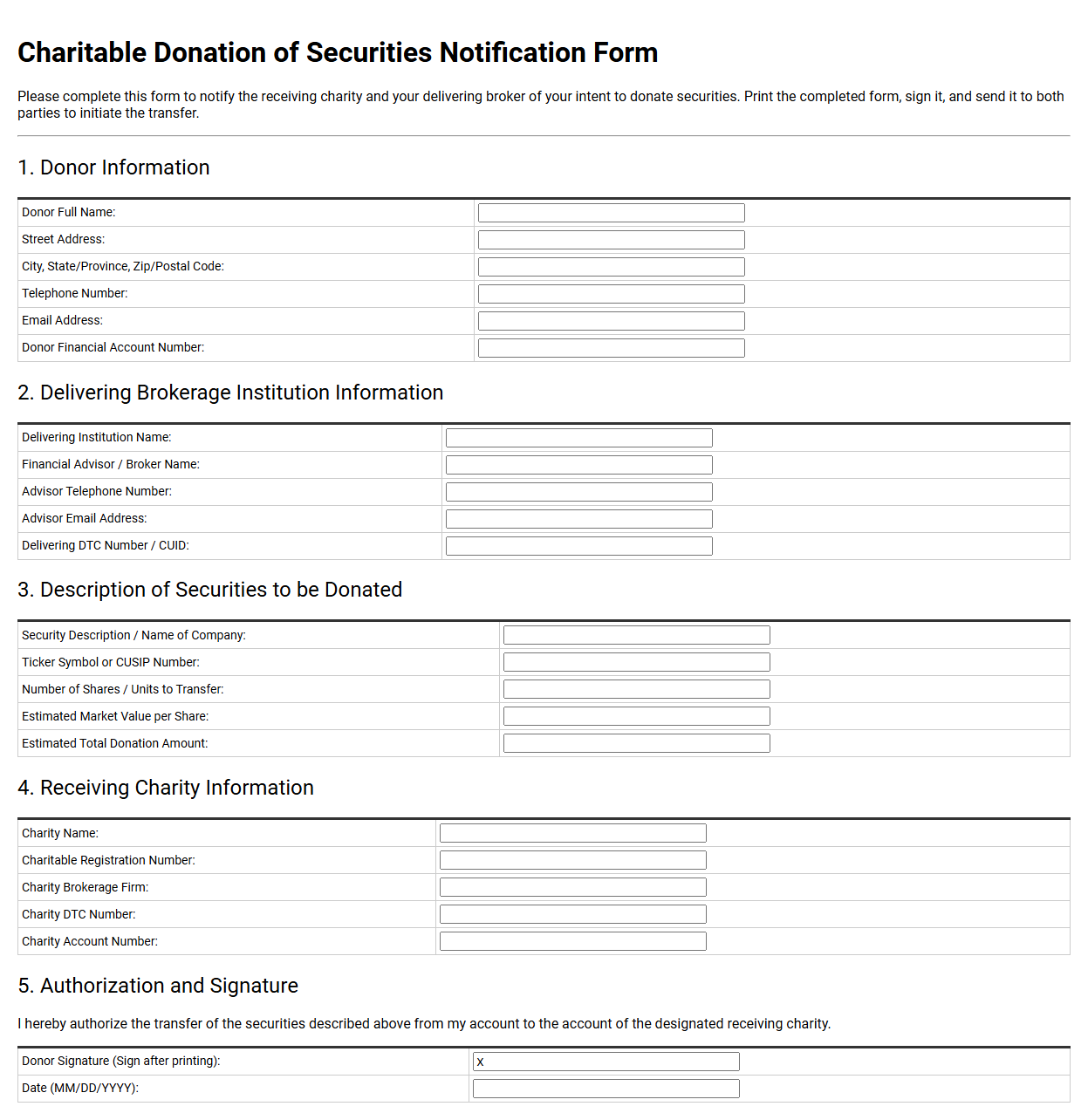 Charitable Donation of Securities Notification Form