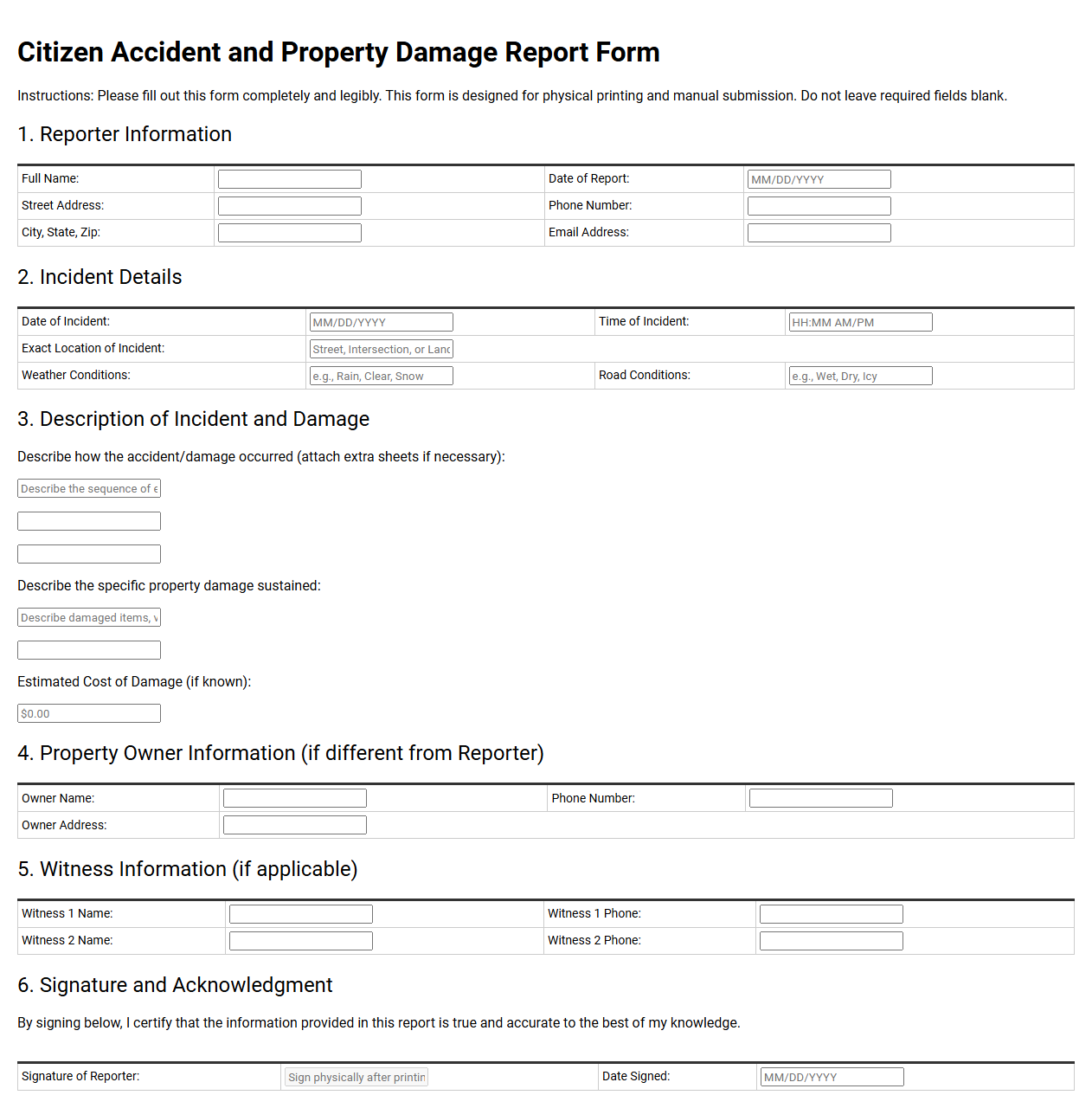 Citizen Accident and Property Damage Report Form