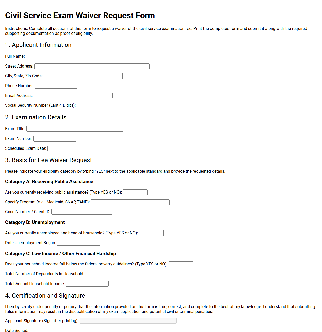 Civil Service Exam Waiver Request Form