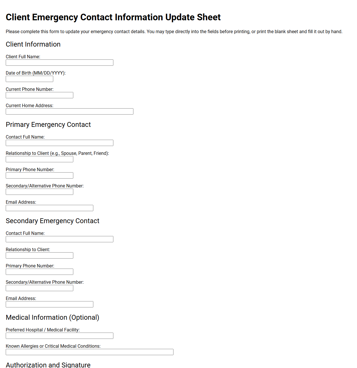 Client Emergency Contact Information Update Sheet