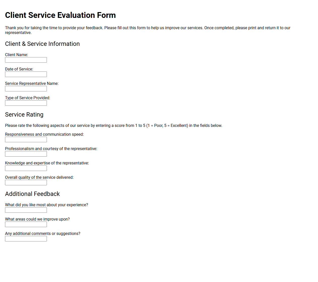 Client Service Evaluation Form Template