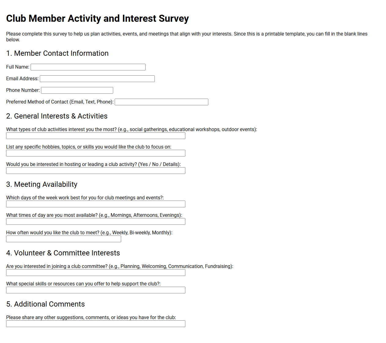 Club Member Activity and Interest Survey Template