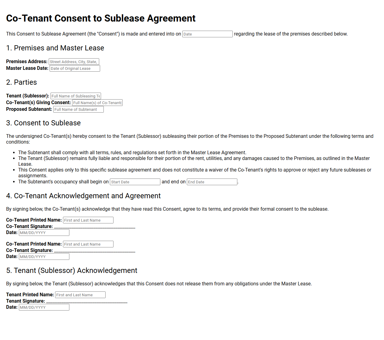 Co Tenant Consent to Sublease Document