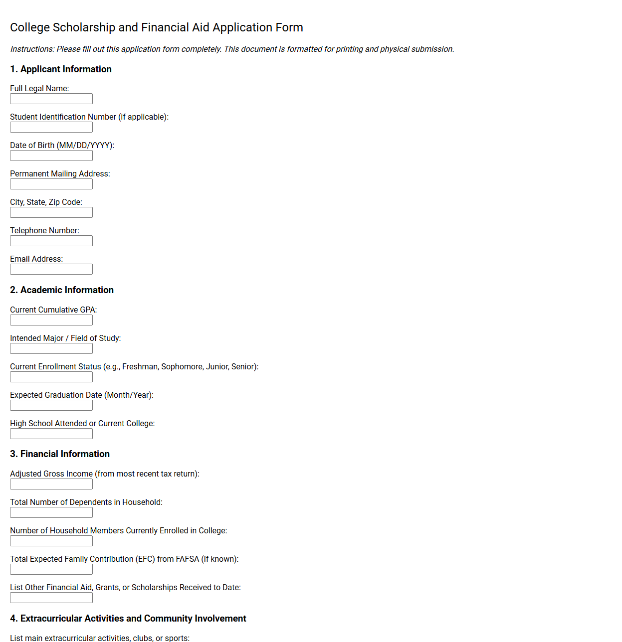 College Scholarship and Financial Aid Application Form