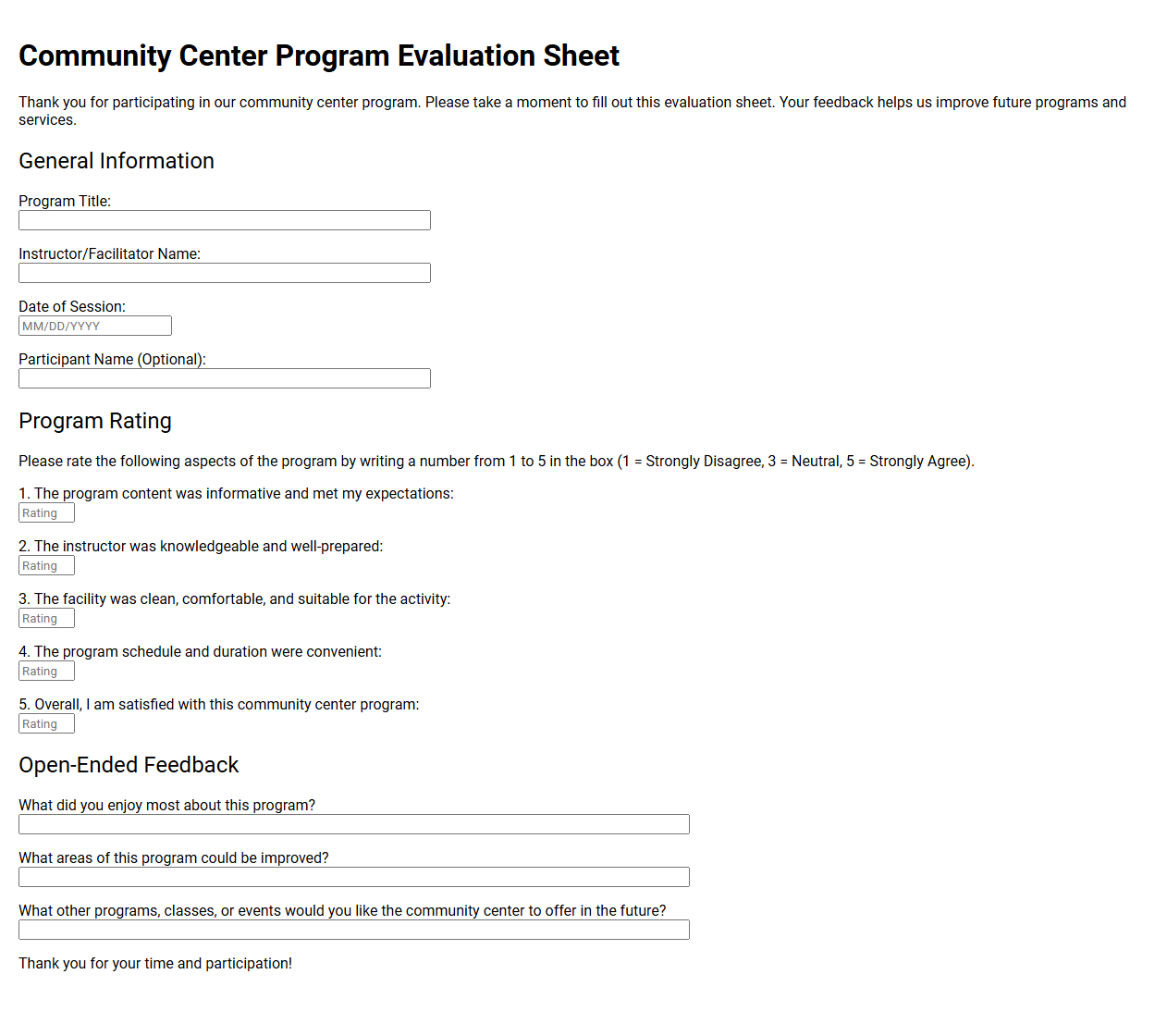 Community Center Program Evaluation Sheet