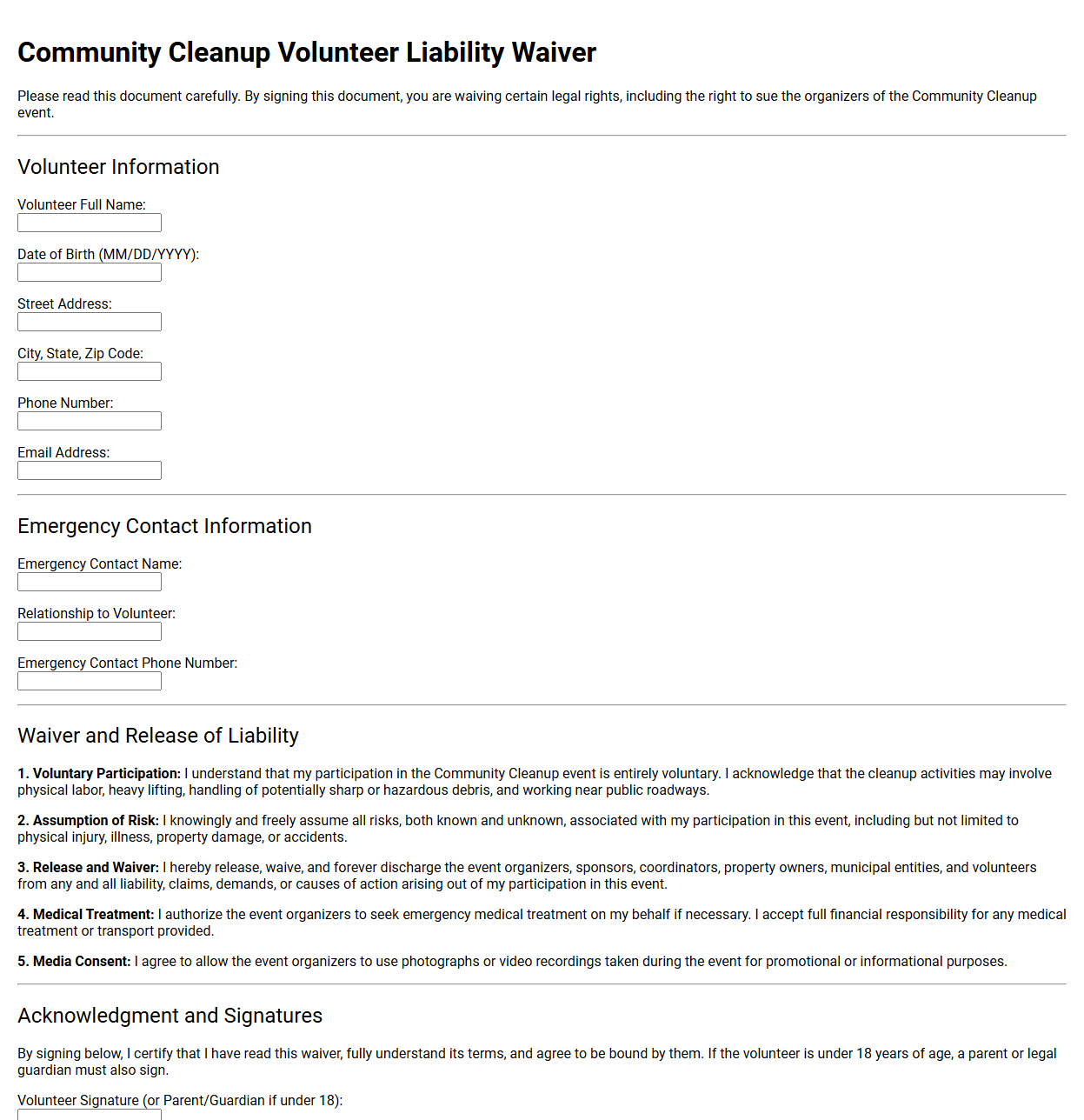Community Cleanup Volunteer Liability Waiver