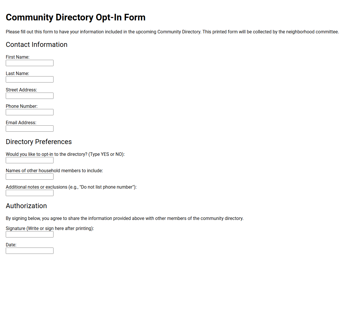 Community Directory Opt In Form