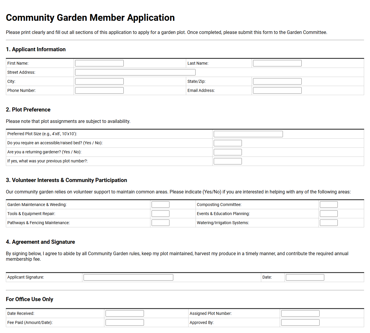 Community Garden Member Application Template