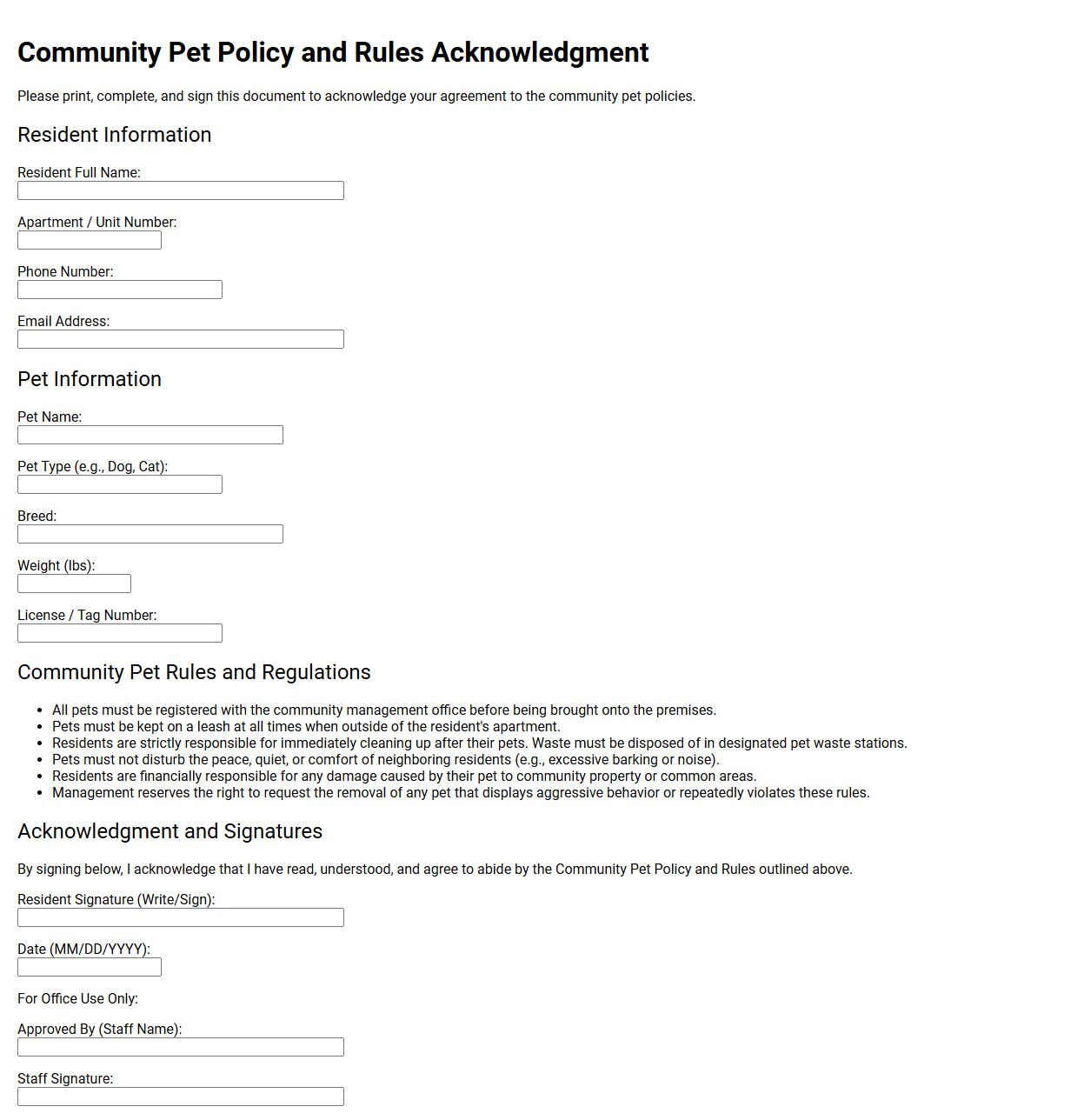 Community Pet Policy and Rules Acknowledgment