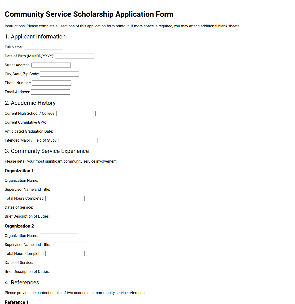 Community Service Scholarship Application Form